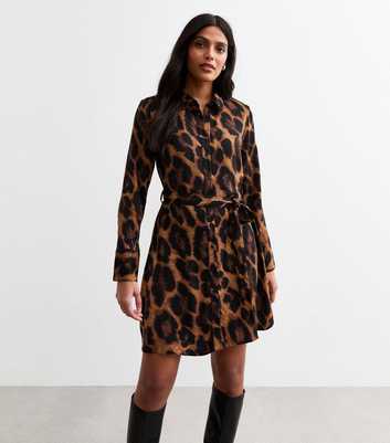 Brown Leopard Print Long Sleeve Shirt Dress