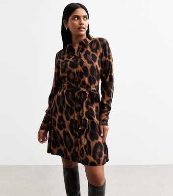 Petite Brown Leopard Print Long Sleeve Shirt Dress