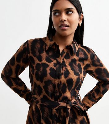 Petite Brown Leopard Print Long Sleeve Shirt Dress New Look