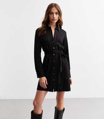 Black Woven Pinstripe Mini Shirt Dress