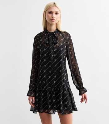 Black Bow Print Tie Neck Chiffon Mini Dress