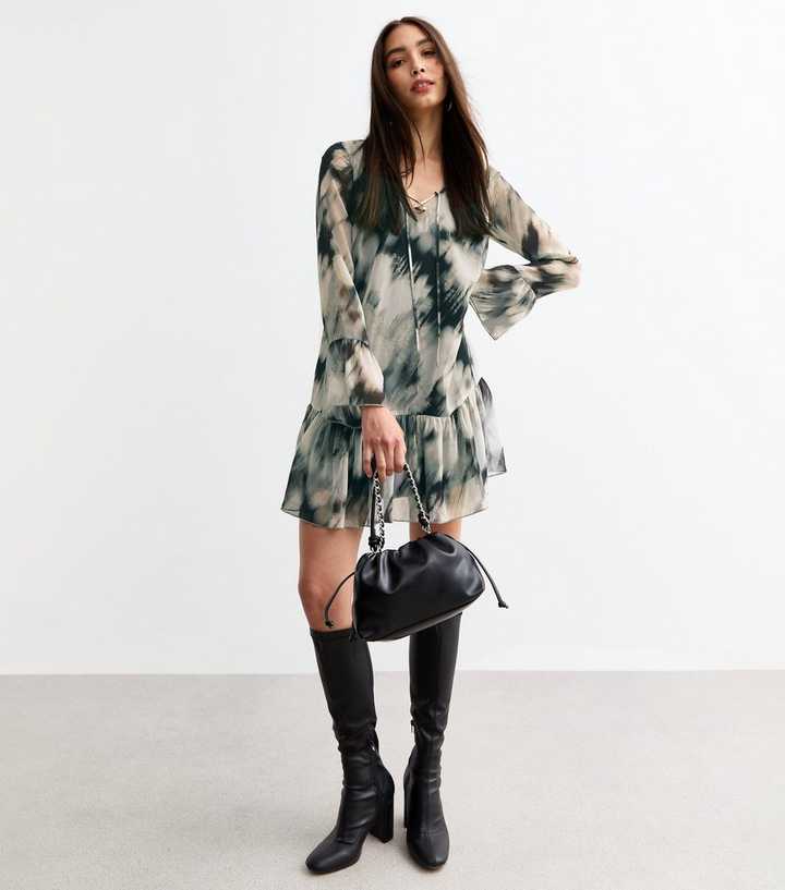 Grey Abstract Print Chiffon Mini Dress