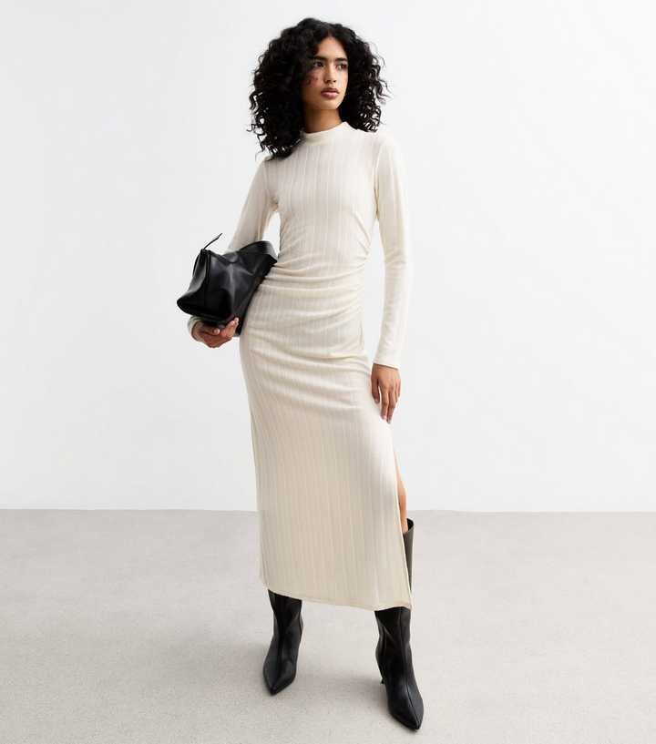 Cream Wide Rib Side Slit Midi Dress