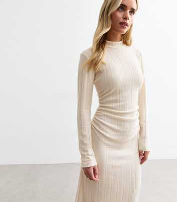 Petite Cream High Neck Ribbed Midi Dress