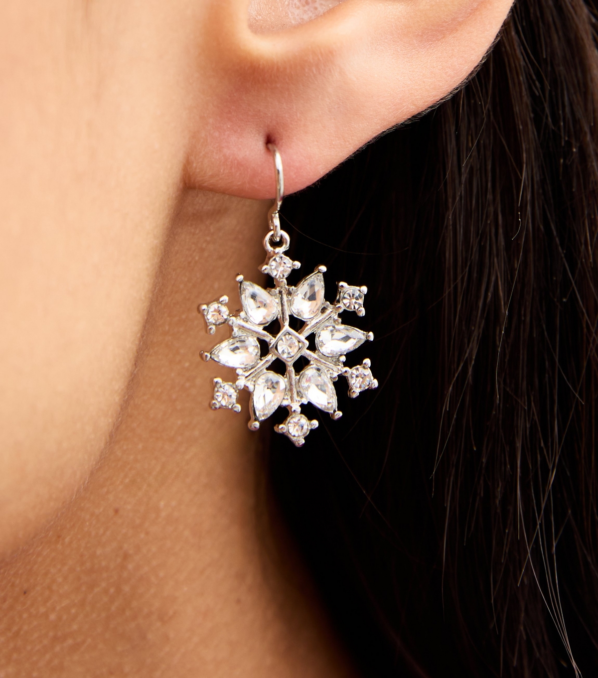 Silver Christmas Embellished Snowflake Earrings New Look