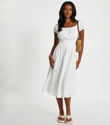 QUIZ White Embroidered Shirred Bardot Midi Dress