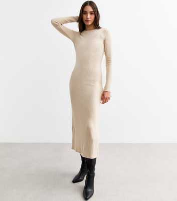 Cream Ribbed Crew Neck Midi Dress