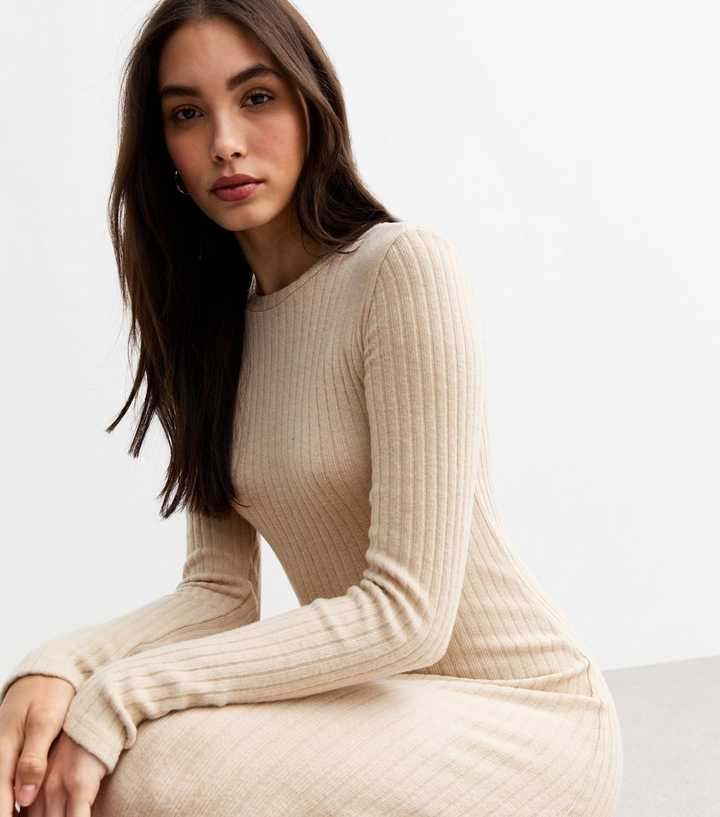 Cream Ribbed Crew Neck Midi Dress | New Look