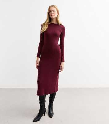 Burgundy Ribbed Crew Neck Midi Dress