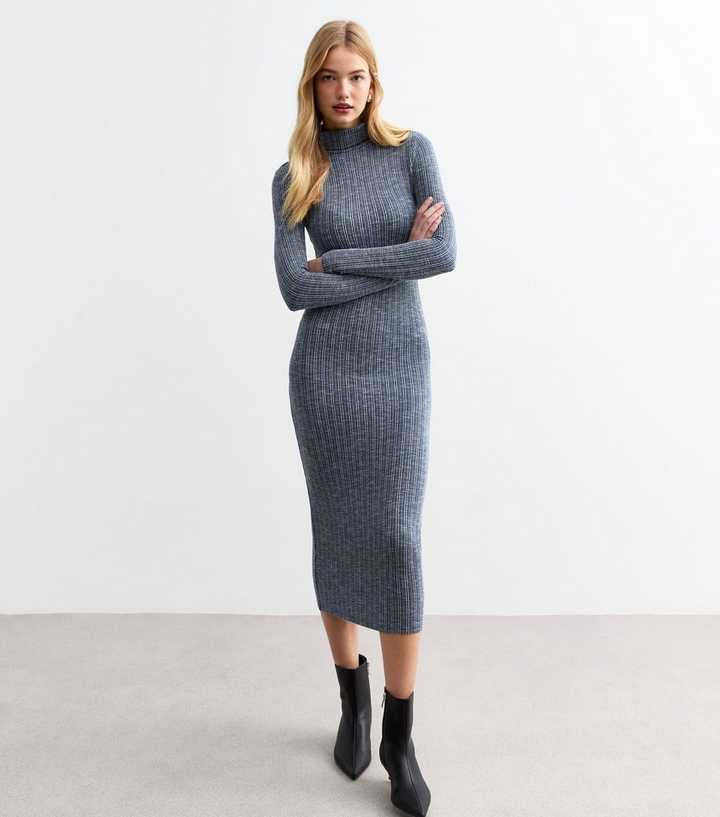 Navy Ribbed Roll Neck Knit Midi Dress