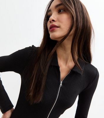 Black Zip Front Rib Knit Midi Dress