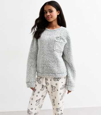 Girls Grey Koala Print Fluffy Long Lounge Set