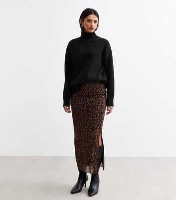 Brown Leopard Print Mesh Midi Skirt