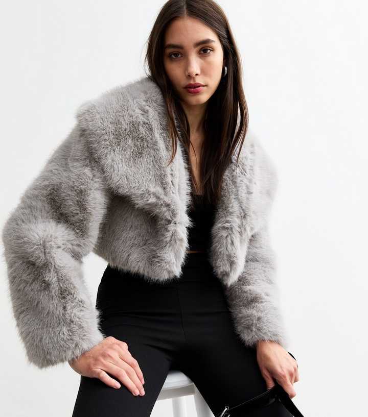 Cameo Rose Grey Faux Fur Cropped Jacket