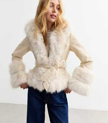 Cream Faux Leather Faux Fur Trim Wrap Coat 