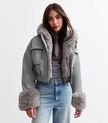 Cameo Rose Grey Faux Fur Trim Faux Leather Crop Jacket