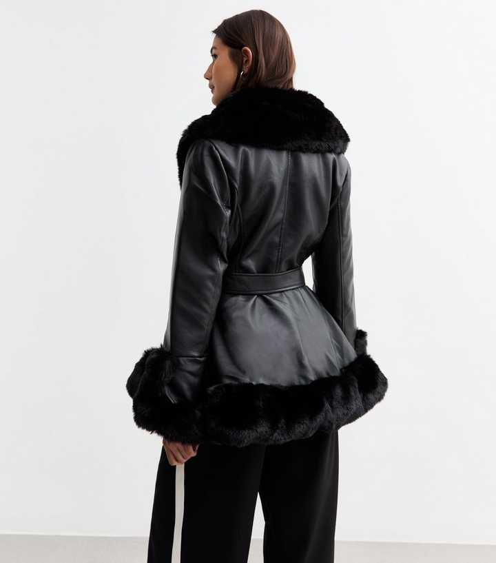Black Leather New Look Leather Jacket With Fur NEW LOOK Black Leather-Look  Faux Fur(Detachable) Collar Biker Jacket SIZE-10