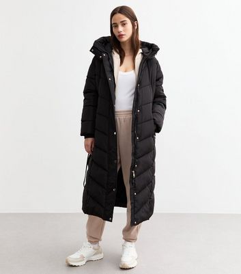 Black Cameo Rose Hooded Longline Puffer Coat New Look