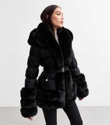 Cameo Rose Black Faux Fur Trim Padded Coat