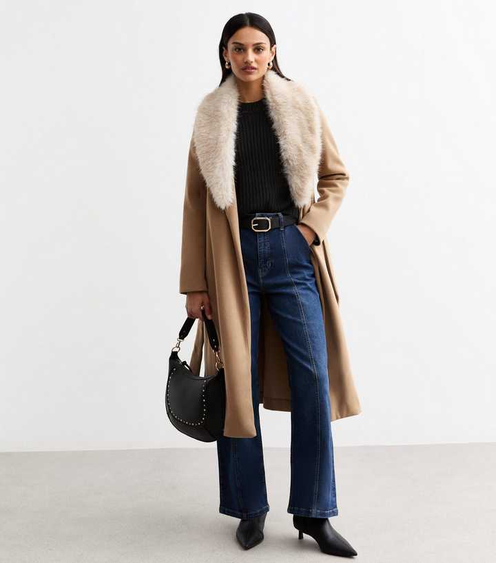 Camel Faux Fur Collar Belted Coat