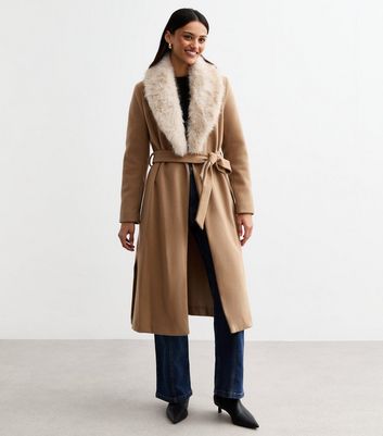 Fur Collar New Look Camel Fur Coat Camel Faux Fur Collar Belted Coat