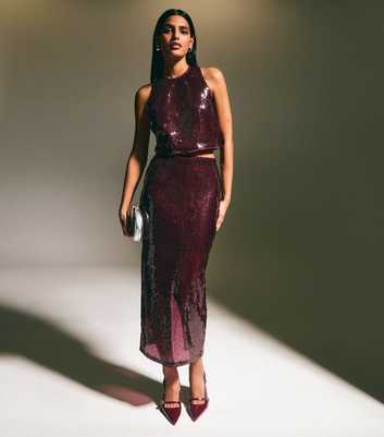 Burgundy Sequinned Midi Skirt 