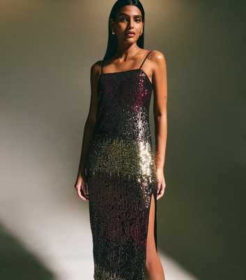 Black Sequinned Ombré Side Slit Midi Dress