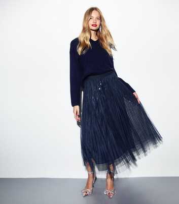 Navy Sequinned Tulle Midi Skirt