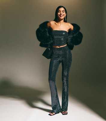 Black Sequinned Stretch Flared Trousers