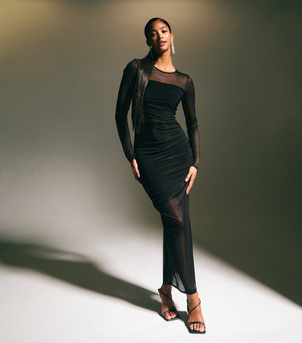 Women's Black Ruched Panelled Mesh Maxi Dress New Look