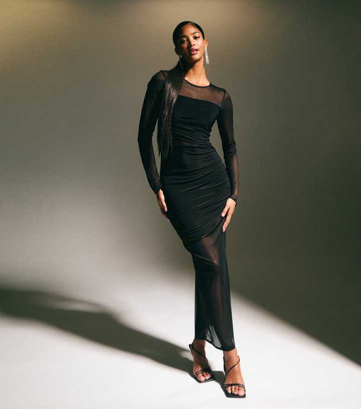 chanel black dress with gold chains Brown Mesh Ruched Midi Dress main image 0