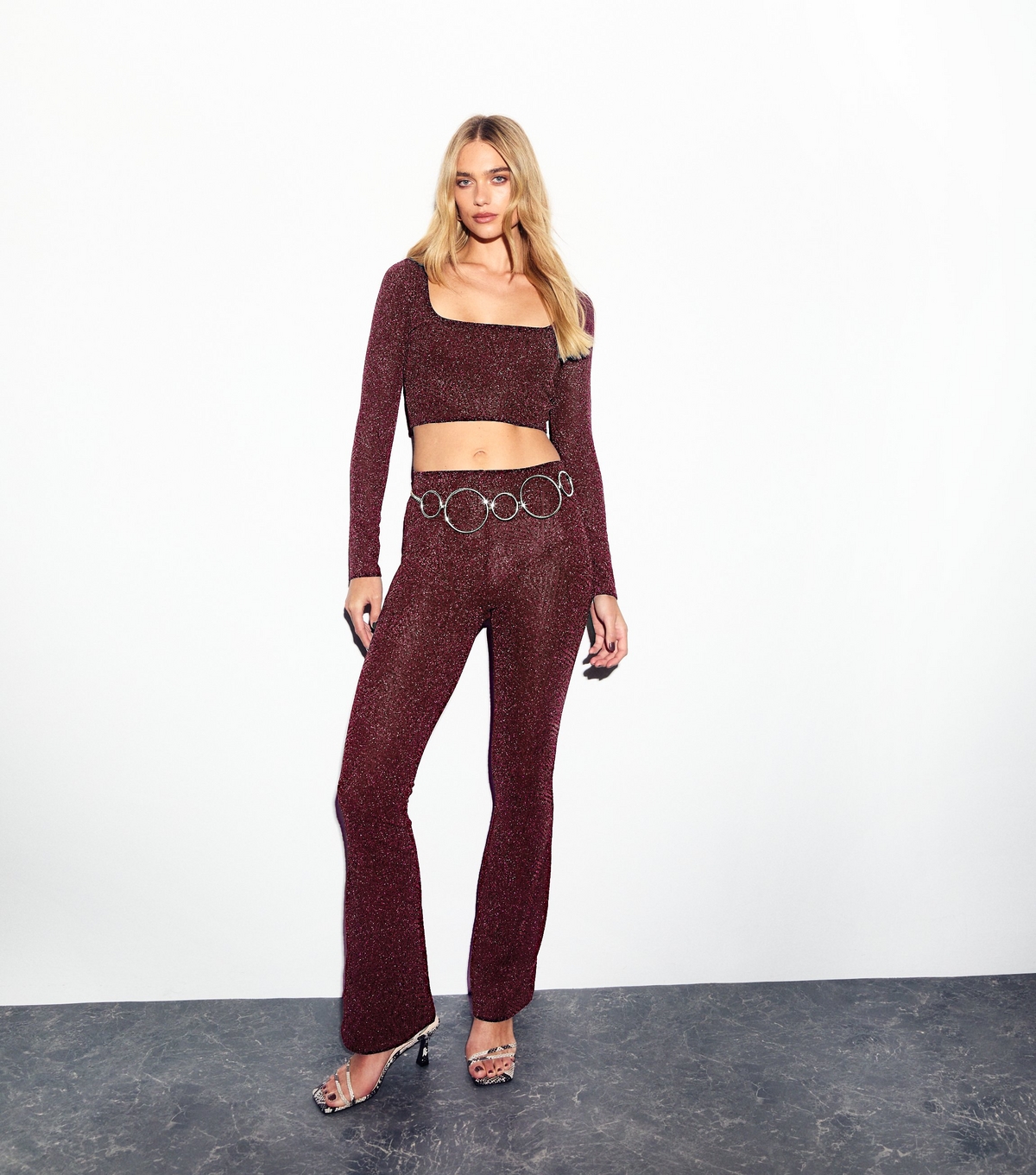 Women's Burgundy Metallic Flared Trousers New Look