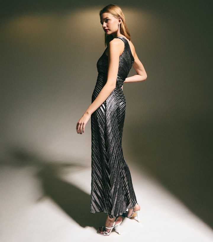 Grey Metallic Foil Pleated One Shoulder Maxi Dress
