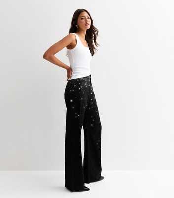 Cameo Rose Black Wide Leg Diamante Detail Jeans