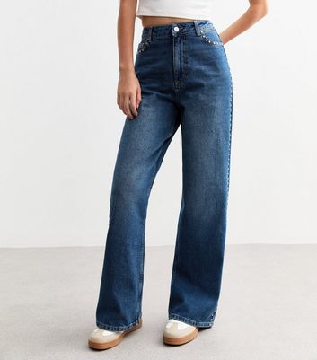 Blue Studded Wide Leg Jeans New Look