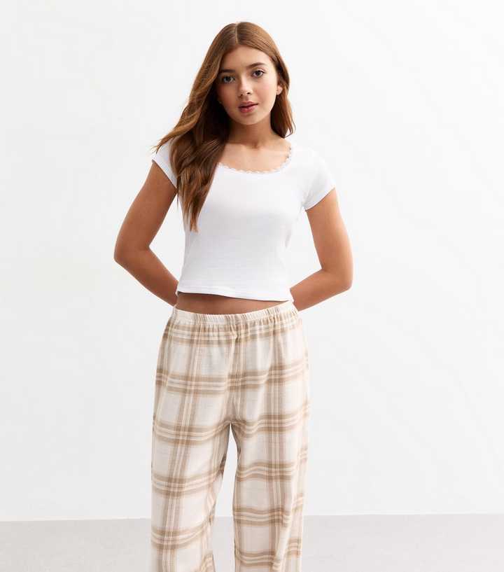 Cream Christmas T-Shirt And Checked Bottoms Pyjama Set