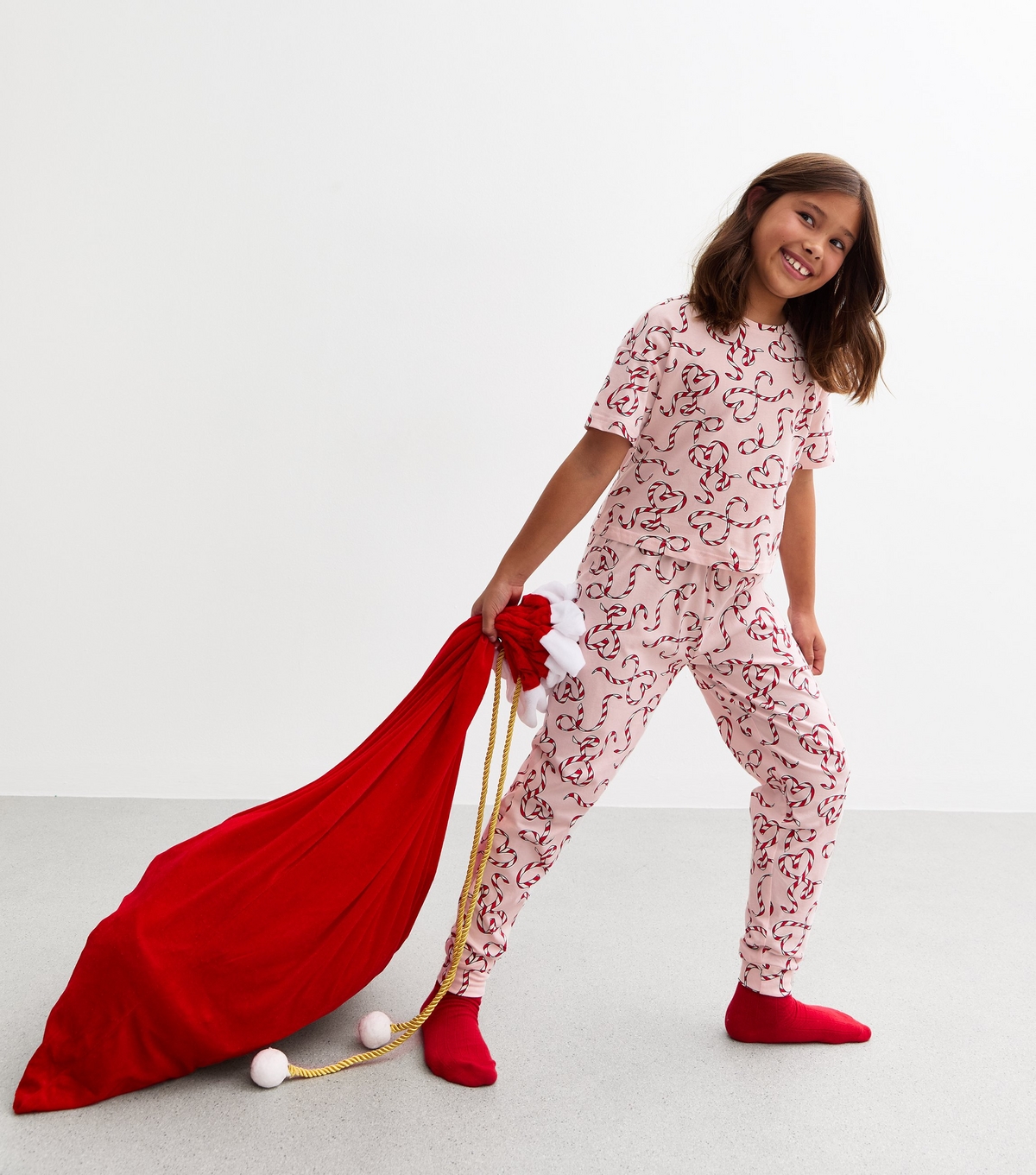 Girls' Pink Christmas Candy Cane Heart Print Jersey Pyjama Set New Look