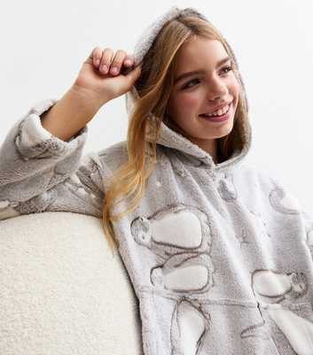 Girls Grey Penguin Print Fleece Blanket Hoodie 