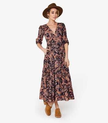 Apricot Brown Paisley-Print Maxi Shirt Dress