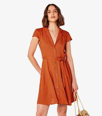 Apricot Bright Orange Linen-Blend Belted Mini Dress