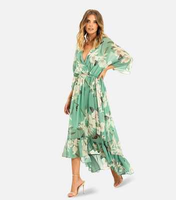 Yumi Mint Green Floral Print Tiered Kimono Midi Dress