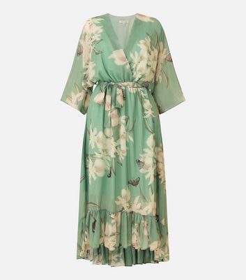 Yumi Mint Green Floral Print Tiered Kimono Midi Dress New Look