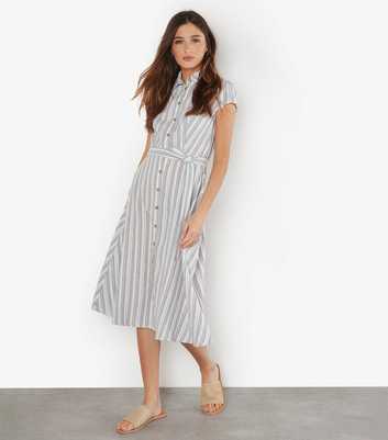 Apricot Blue Linen-Blend Stripe Print Belted Midi Dress