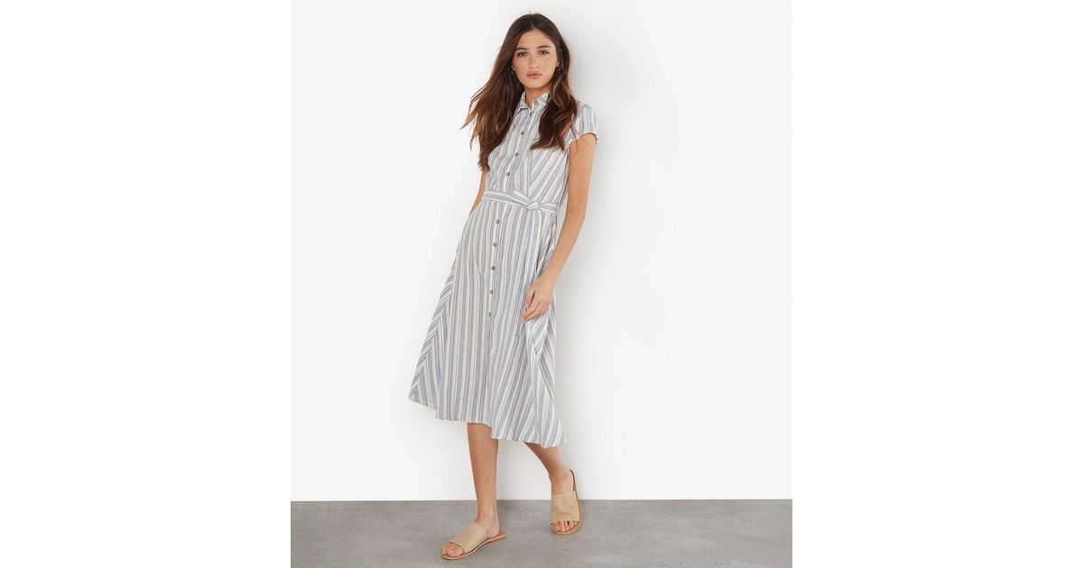 Apricot Blue Linen Blend Stripe Print Belted Midi Dress New Look 5541