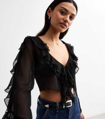 Black Ruffle Trim Sheer Cropped Blouse 