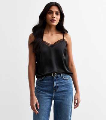 Black Lace Trim Satin Cami Top 