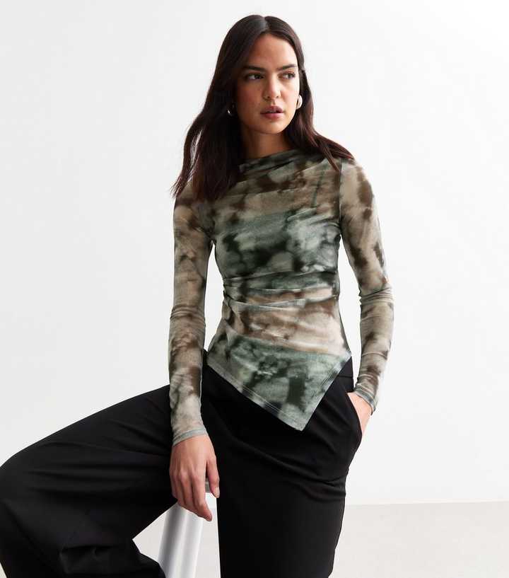 Grey Asymmetrical Ink Mesh Long Sleeve Top | New Look