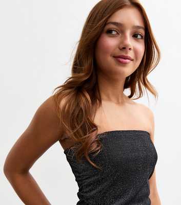 Girls Black Metallic Stretch Jersey Bandeau Top