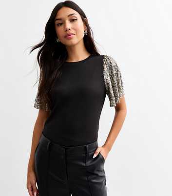 Black Sequin Leopard Print Sleeve Top