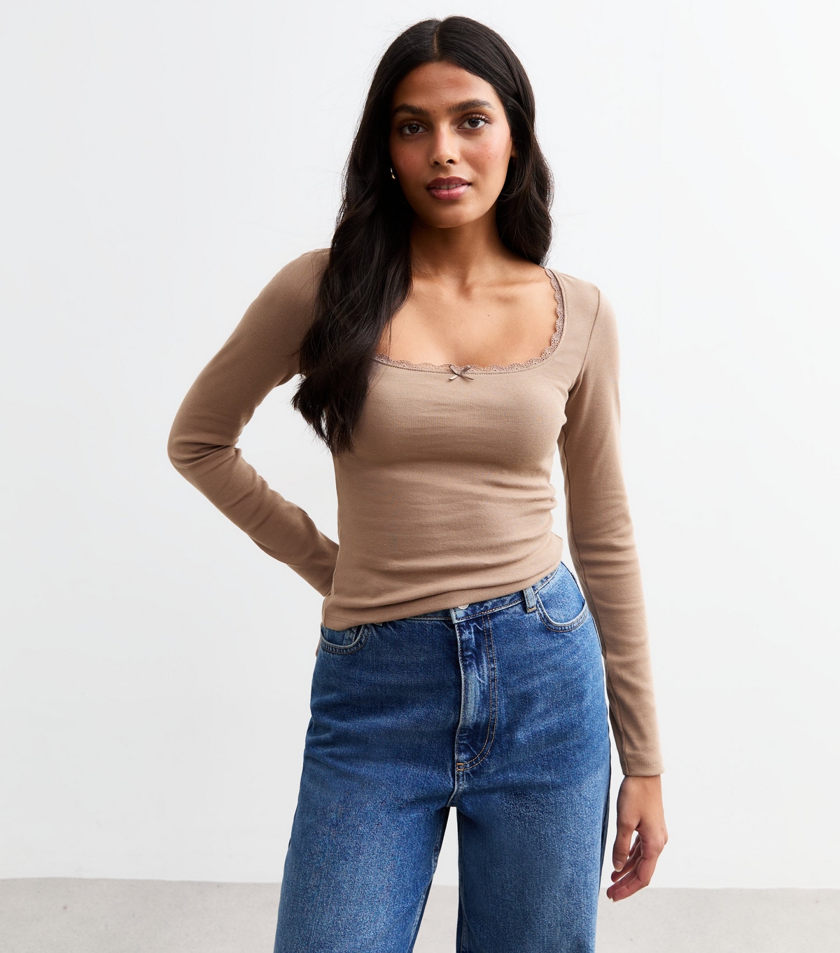 Women's Mink Square Neck Lace Trim Top New Look